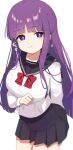  1girl alternate_costume anger_vein blunt_bangs breasts clenched_hand closed_mouth commentary_request fern_(sousou_no_frieren) highres inuyama_nanami long_hair looking_at_viewer pout purple_eyes purple_hair ribbon school_uniform simple_background solo sousou_no_frieren translation_request white_background 