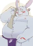  2023 anthro art_hoshi asian_clothing belly big_belly bulge clothing east_asian_clothing fundoshi hi_res humanoid_hands japanese_clothing kemono lagomorph leporid male mammal moobs nipples one_eye_closed overweight overweight_male rabbit simple_background solo underwear white_body 