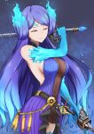  1girl bare_shoulders blue_gloves blue_hair blue_thighhighs breasts brighid_(xenoblade) brown_dress cleavage closed_eyes closed_mouth commentary_request covered_navel dress dual_wielding elbow_gloves facing_viewer gloves gradient_hair highres holding holding_sword holding_weapon large_breasts long_hair makibane_(mkbane) multicolored_hair parted_bangs purple_dress purple_hair sideboob solo standing sword thighhighs very_long_hair weapon xenoblade_chronicles_(series) xenoblade_chronicles_2 