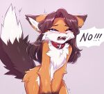  3rdperson_iz anthro blush bodily_fluids canid canine collar crying dialogue english_text eyelashes female fox fur hair hands_on_crotch hi_res mammal open_mouth tail tears teeth text tuft 