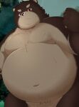 2023 absurd_res anthro bear belly big_belly bodily_fluids brown_body cute_fangs hi_res kemono male mammal moobs navel outside overweight overweight_male solo sweat trail_arnak 