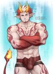  1boy abs bara biceps borrowed_character bulge colored_skin crossed_arms demon_boy demon_boy_(amaimochi) demon_horns demon_tail earrings eyebrow_cut eyebrow_piercing facial_hair feet_out_of_frame fingernails flame-tipped_tail flame_tattoo goatee gradient_skin highres hoop_earrings horns jewelry kulolin large_pectorals looking_at_viewer male_focus mature_male multicolored_hair muscular muscular_male navel original pectorals piercing pointy_ears red_hair red_skin sharp_fingernails short_hair sideburns single_earring solo stomach streaked_hair tail thighs topless_male white_hair 