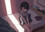  1girl black_eyes black_hair blush book clock closed_mouth digital_clock expressionless highres holding holding_hands holding_pillow indoors narume on_bed original phone pillow pixel_art shirt shorts shutter sitting solo t-shirt 