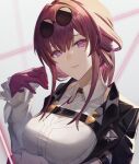  1girl 358_emblem black_jacket breasts chest_harness eyewear_on_head gloves harness honkai:_star_rail honkai_(series) jacket kafka_(honkai:_star_rail) large_breasts ponytail purple-tinted_eyewear purple_eyes purple_gloves purple_hair round_eyewear solo sunglasses tinted_eyewear 