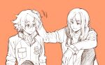  2boys ao_no_kiseki coat commentary_request eiyuu_densetsu headpat highres lloyd_bannings long_hair multiple_boys orange_background police_badge popped_collar randolph_orlando short_hair sitting turtleneck upper_body wendy3807 zero_no_kiseki 