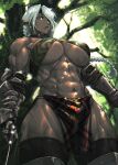  1girl abs breasts choker criss-cross_halter crop_top dark_skin elf eyepatch forest gauntlets halterneck highres holding holding_sword holding_weapon loincloth long_hair looking_down mikel_(4hands) muscular muscular_female nature original pointy_ears ponytail scar solo sword thick_thighs thighs underboob weapon white_hair yellow_eyes 