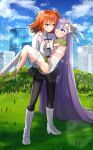  2girls bandages bare_shoulders barefoot carrying city fate/grand_order fate_(series) fujimaru_ritsuka_(female) giant giantess kingprotea_(fate) long_hair multiple_girls orange_eyes orange_hair princess_carry purple_eyes purple_hair short_hair toririririre very_long_hair 