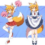  1girl :d :i absurdres abysswatchers animal_ear_fluff animal_ears apron apron_lift arm_up armpits blonde_hair cheering cheerleader commission crop_top fox_ears fox_girl fox_tail full_body hair_ornament highres holding holding_pom_poms looking_at_viewer maid maid_apron maid_headdress mary_janes midriff miniskirt navel open_mouth pom_pom_(cheerleading) ribbon senko_(sewayaki_kitsune_no_senko-san) sewayaki_kitsune_no_senko-san shoes short_hair skirt smile sneakers socks tail tail_raised thighhighs yellow_eyes 