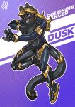  2021 action_pose ambiguous_gender anthro black_body black_fur blonde_hair bodysuit clawed_fingers claws clothing cuff_(restraint) domestic_cat dusk_(duskcat) felid feline felis fur gold_(metal) hair hi_res jooshy latex latex_clothing long_hair mammal name_in_background nonbinary_(lore) pose power_rangers purple_eyes restraints rubber rubber_clothing rubber_suit sentai_inspired skinsuit smile solo superhero tight_clothing 
