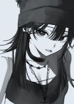 1girl bare_shoulders beanie breasts choker cleavage crop_top ear_piercing greyscale hat highres jewelry lip_piercing long_hair looking_at_viewer medium_breasts monochrome necklace nose_piercing original parted_lips piercing smile solo upper_body whoami_(sok_0000) 