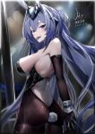  1girl absurdres animal_ears ass azur_lane backless_shirt bare_shoulders blue_eyes blue_hair breasts condom condom_in_mouth cowboy_shot fake_animal_ears fake_tail from_behind hair_between_eyes highres large_breasts light_blush liuyun_baihua long_hair looking_at_viewer looking_back mouth_hold new_jersey_(azur_lane) nontraditional_playboy_bunny pantyhose rabbit_ears rabbit_tail sideboob smile solo tail thighhighs very_long_hair 