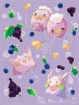  :d :o animal_focus artist_name blueberry border colored_skin commentary_request ditto drifloon food fruit goomy grapes hanabusaoekaki highres no_humans pokemon pokemon_(creature) purple_background purple_skin purple_theme simple_background smile solid_circle_eyes solid_oval_eyes white_border 