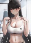  1girl absurdres alternate_costume bathroom black_hair blue_archive breasts cleavage collarbone cup halo highres large_breasts long_hair midriff mirror navel parted_lips red_eyes reflection rio_(blue_archive) solo sports_bra stomach toothbrush upper_body very_long_hair white_sports_bra yamikyon 