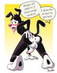  animaniacs anthro anus balls blush butt genitals hi_res humanoid_genitalia humanoid_penis humor kcnite looking_back male mammal penis presenting presenting_hindquarters pun solo tongue tongue_out warner_brothers yakko_warner 