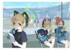  5girls absurdly_long_hair absurdres animal_ear_headphones animal_ears aris_(blue_archive) black_hair black_shirt blonde_hair blue_archive blue_halo blue_jacket bottle chair fake_animal_ears green_eyes green_halo halo headphones highres holding holding_bottle jacket k6tetsu long_hair midori_(blue_archive) momoi_(blue_archive) multiple_girls official_alternate_costume pink_halo purple_eyes purple_hair red_eyes red_hair shirt short_hair short_sleeves siblings sisters sitting track_jacket twintails very_long_hair yellow_halo yuuka_(blue_archive) yuuka_(track)_(blue_archive) yuzu_(blue_archive) 