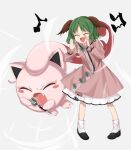  1girl animal_ears beamed_eighth_notes black_footwear closed_eyes crossover dog_ears dog_tail dress eighth_note full_body green_hair highres holding holding_microphone kasodani_kyouko keiki8296 long_sleeves microphone musical_note open_mouth pink_dress pokemon pokemon_(creature) pokemon_(game) pokemon_sv scream_tail shoes short_hair shouting simple_background smile socks tail touhou white_background white_socks 