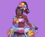  1girl dark-skinned_female dark_skin eyeshadow fire_emblem fire_emblem_engage frilled_skirt frills glaceo gold_bracelet hair_ornament high_ponytail jewelry makeup midriff multicolored_clothes multicolored_skirt navel orb pink_eyeshadow pixel_art ponytail purple_background skirt solo star-shaped_pupils star_(symbol) symbol-shaped_pupils timerra_(fire_emblem) very_dark_skin 