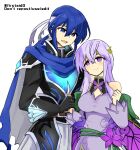  bandana bare_shoulders blue_eyes blue_hair brother_and_sister cosplay costume deirdre_(fire_emblem) deirdre_(fire_emblem)_(cosplay) fire_emblem fire_emblem:_genealogy_of_the_holy_war hand_grab julia_(fire_emblem) long_hair looking_at_another purple_eyes purple_hair seliph_(fire_emblem) siblings sigurd_(fire_emblem) sigurd_(fire_emblem)_(cosplay) simple_background smile yukia_(firstaid0) 