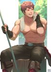  1boy abs artist_logo artist_name bara english_commentary fingerless_gloves fire_emblem fire_emblem_echoes:_shadows_of_valentia gloves highres holding holding_polearm holding_towel holding_weapon looking_to_the_side lukas_(fire_emblem) male_focus pectorals polearm solo sweat sweatdrop topless_male towel veins weapon wiping_sweat zink_(zink_mchn) 