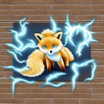  blue_eyes brick_wall canid canine electricity feral fox lightning male mammal poster solo wall_(structure) zen0club 