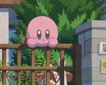  blue_eyes blush_stickers day dog gate grass kirby kirby_(series) looking_at_viewer miclot no_humans open_mouth outdoors pink_footwear shoes tree 