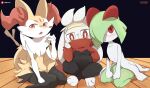  absurd_res ambiguous_gender anthro biped black_body blush braixen crossed_legs fur generation_3_pokemon generation_6_pokemon generation_8_pokemon green_body group hi_res humanoid kirlia kneeling nintendo open_mouth orange_body orange_eyes orange_fur pokemon pokemon_(species) raboot red_eyes sarox trio white_body white_fur yellow_body yellow_fur 