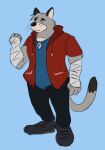  2023 aged_up anthro bandage bandaged_arm black_nose blue_background bottomwear brok_the_investigator clothing domestic_cat duskneko felid feline felis graff_filsh grey_body hi_res hoodie humanoid_hands male mammal pants shirt simple_background solo topwear 