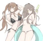  2girls absurdres arm_up bare_shoulders bikini black_bikini blue_innertube breasts brown_eyes brown_hair cleavage ff_frbb122 girls&#039;_frontline grey_hair hair_ornament hairclip highres holding holding_innertube holding_water_gun innertube large_breasts long_hair looking_at_viewer micro_bikini multiple_girls navel one_side_up scar scar_on_face side-tie_bikini_bottom simple_background small_breasts string_bikini swimsuit twintails ump45_(girls&#039;_frontline) ump9_(girls&#039;_frontline) water_gun white_bikini yellow_eyes 