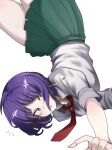  1girl bare_legs boku_no_hero_academia chizodazou green_skirt highres jirou_kyouka looking_to_the_side necktie pleated_skirt purple_eyes purple_hair red_tie school_uniform shirt short_hair simple_background skirt solo upside-down white_background white_shirt 