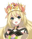  1girl :d bare_shoulders blonde_hair butterfly_hair_ornament celine_(fire_emblem) commentary criss-cross_halter crown fire_emblem fire_emblem_engage flat_chest flower green_eyes hair_between_eyes hair_flower hair_ornament halterneck highres kakiko210 long_hair looking_at_viewer open_mouth smile solo upper_body white_background 