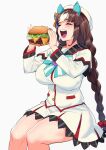  1girl absurdres animal_ears beret blush braid breasts brown_hair burger closed_eyes ear_covers eating english_commentary feet_out_of_frame fingernails food hat highres hokko_tarumae_(umamusume) holding holding_food horse_ears horse_girl large_breasts long_hair long_sleeves multicolored_hair no_gloves open_mouth sarcophage simple_background smile solo streaked_hair twin_braids two-tone_hair umamusume very_long_hair white_background white_hair white_headwear 