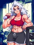  1girl abs biceps black_shorts blue_eyes breasts cleavage closed_mouth collarbone highres indoors j.raido kunio-kun_series large_breasts long_hair looking_at_viewer marian_kelly muscular muscular_female navel pixel_art river_city_girls shorts smile solo sweat weights white_hair 