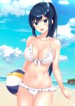  1girl beach bikini black_hair blue_eyes blue_sky cloud commentary_request cowboy_shot day frilled_bikini frills front-tie_bikini_top front-tie_top highres horizon long_hair nendoroya ocean original outdoors ponytail shochuumimai sky solo swimsuit thigh_gap white_bikini 