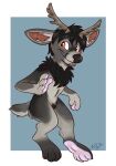  2016 anthro antlers black_hair cervine chibi deer eye_scar facial_scar full_pad fur gesture grey_body grey_fur hair hand_pawpads hi_res horn looking_at_viewer male mammal neck_tuft nude orange_eyes paws portrait ra&#039;deer safe_nudity scar solo tuft wave waving waywardmutt 