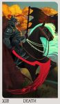  2020 ambient_bird anthro armor avian bird black_body black_fur black_nose black_sclera blue_mane canid canine card cloud death_(tarot) english_text equid equine feral flag fox fur gloves_(marking) grass green_eyes hi_res holding_flag holding_object holding_scythe horse horse_ride knight knight_armor major_arcana male mammal mane markings marlon.cores outside plant red_body red_fur reins roman_numeral sky solo tarot_card text victor_johansen warrior 