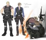  2boys belt black_belt black_gloves black_pants blonde_hair blue_shirt boots brown_hair brown_pants bulletproof_vest curtained_hair fingerless_gloves firing gloves gun holding holding_gun holding_weapon holster holstered jack_krauser knee_pads knife_holster leon_s._kennedy male_focus multiple_boys muscular muscular_male pants red_shirt resident_evil resident_evil_4 resident_evil_4_(remake) scar scar_across_eye scar_on_face scar_on_mouth shirt short_hair shoulder_holster tatsumi_(psmhbpiuczn) thigh_holster translation_request weapon 