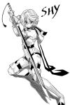  1girl bare_shoulders boots bruise character_name elbow_gloves gloves greyscale hands_up highres holding holding_sword holding_weapon hood hood_down injury katana leotard looking_at_viewer monochrome noboo short_hair shy_(character) shy_(series) solo sword thigh_boots thighhighs weapon 