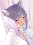  1girl animal_ears artist_name black_collar blush breasts cat_ears cat_girl cleavage collar collarbone collared_shirt cowlick dated from_side highres hololive kanya_pyi large_breasts looking_at_viewer medium_hair nekomata_okayu nekomata_okayu_(4th_costume) open_collar purple_eyes purple_hair purple_ribbon ribbon shirt sidelocks solo tongue tongue_out upper_body virtual_youtuber white_shirt 