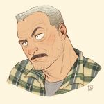  1boy aaron_gruber_(o_natsuo88) bara beard_stubble facial_hair gingham_shirt grey_hair grey_shirt highres looking_to_the_side male_focus mature_male mustache o_natsuo88 old old_man original portrait receding_hairline scar scar_on_cheek scar_on_face scowl shirt short_hair solo thick_eyebrows thick_mustache wrinkled_skin yellow_background 