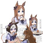  3girls animal_ears arrow_(symbol) blue_eyes blush bow bowtie breath brown_hair closed_eyes cup feeding food food_on_face fork grass_wonder_(umamusume) highres holding holding_fork horse_ears horse_girl horse_tail long_hair multicolored_hair multiple_girls multiple_views open_mouth own_hands_together purple_eyes purple_shirt sailor_collar shaded_face shirt short_hair short_sleeves smile spawnfoxy special_week_(umamusume) super_creek_(umamusume) sweat table tail translation_request two-tone_hair umamusume vector_trace white_background 