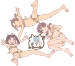  3girls alternate_costume animal_print bare_arms bare_legs bare_shoulders barefoot bikini blonde_hair blue_hair blush breasts bright_pupils brown_eyes brown_hair fang flat_chest full_body green_eyes highres horns hozuki_momiji imamura_ryou large_breasts low_twintails midair multicolored_hair multiple_girls murosaki_miyo oka_asahi oni_horns onii-chan_wa_oshimai! open_mouth outstretched_arms print_bikini pun simple_background streaked_hair sweatdrop swimsuit tiger_print translated twintails w wavy_mouth white_background 