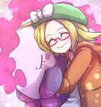  bianca_(pokemon) blonde_hair bow closed_eyes closed_mouth glasses green_headwear hat hat_bow highres hug jacket kotobukkii_(yt_lvlv) long_sleeves musharna open_clothes open_jacket orange_jacket pokemon pokemon_(creature) pokemon_(game) pokemon_bw2 red-framed_eyewear shirt short_hair upper_body white_bow white_shirt 