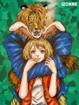  1boy 1girl animal_ears artist_name blonde_hair carrot_(one_piece) cigarette fangs furry furry_female furry_male hair_over_one_eye highres hug hug_from_behind lion_ears looking_at_viewer medium_hair one_eye_covered one_piece open_mouth orange_hair pedro_(one_piece) rabbit_ears rakugakizonne short_hair smile smoking 