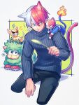  1boy :p ? anger_vein angry animal_ear_fluff animal_ears animal_on_head animal_on_shoulder animalization bakugou_katsuki black_pants blue_eyes blue_sweater boku_no_hero_academia cat cat_boy cat_ears cat_on_shoulder cat_tail cat_teaser chihuahua clenched_teeth closed_mouth commentary_request cropped_legs dog fire flame flame-tipped_tail green_background grey_eyes hair_between_eyes hand_up heterochromia highres holding looking_at_another male_focus mecyo_(mamezurushiki) midoriya_izuku multicolored_hair on_head pants red_hair ribbed_sweater scar scar_on_face sheep short_hair simple_background speech_bubble spoken_question_mark sweater tail teeth todoroki_shouto tongue tongue_out turtleneck turtleneck_sweater two-tone_hair v-shaped_eyebrows white_background white_hair 