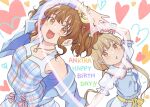  2girls :3 back_cutout blue_cardigan blue_dress blue_jacket bracelet brown_eyes brown_hair cardigan chanosuke clothing_cutout dress futaba_anzu hair_ornament happy_birthday heart_arms_duo idolmaster idolmaster_cinderella_girls jacket jewelry light_brown_hair low_twintails moroboshi_kirari multiple_girls necklace open_mouth plaid plaid_dress sidelocks size_difference smile star_(symbol) star_hair_ornament twintails 