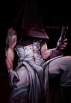  1boy blood blood_on_clothes blood_on_gloves boots edith_lanzhen gloves helmet highres holding holding_sword holding_weapon large_pectorals male_focus muscular muscular_male pants pectorals pyramid_head silent_hill_(series) silent_hill_2 solo sword twitter_username weapon white_gloves white_pants 