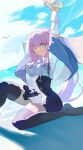  1girl ;) absurdres animal arm_behind_head arm_grab arms_up bird black_skirt black_thighhighs blue_eyes blue_sky blush breasts center_frills closed_mouth cloud cloudy_sky commentary_request cup day disposable_cup elysia_(honkai_impact) feet_out_of_frame frills high-waist_skirt highres holding holding_cup honkai_(series) honkai_impact_3rd horizon kuangwang_heiye long_hair looking_at_viewer medium_breasts no_shoes ocean one_eye_closed outdoors pink_hair shawl shirt skirt sky smile solo thighhighs very_long_hair water white_shirt 