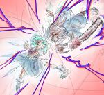  2girls absurdres angry blood blood_on_clothes blue_bow blue_dress blue_eyes blue_hair bow brown_hair chainsaw cirno clenched_teeth dress fairy fairy_wings fighting hair_bow highres holding holding_weapon ice ice_wings injury koishi_komeiji&#039;s_heart-throbbing_adventure kubikim3 long_sleeves looking_at_another multiple_girls red_eyes short_hair smile star_sapphire teeth torn_clothes touhou weapon wings 