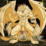  absurd_res anthro balls delicious_in_dungeon feathered_wings feathers felid fur genitals hazker hi_res horn humanoid_genitalia lion male mammal multi_eye multi_wing muscular muscular_anthro muscular_male nipple_piercing nipples open_mouth pantherine penis piercing pubes solo tail teeth_showing winged_lion_(delicious_in_dungeon) wings yellow_body yellow_eyes yellow_fur 