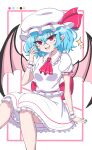  1girl :d absurdres ascot bat_wings blue_hair commentary english_commentary hair_ribbon hat hat_ribbon highres open_mouth pointy_ears red_ascot red_eyes red_ribbon remilia_scarlet ribbon shirt short_hair simple_background skirt smile smug_suriipi solo star_(symbol) touhou white_headwear white_shirt white_skirt wings 